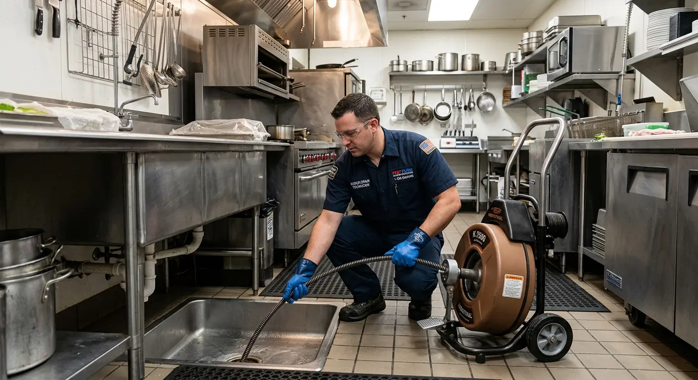 Commercial drain cleaning service in a restaurant kitchen in Boston