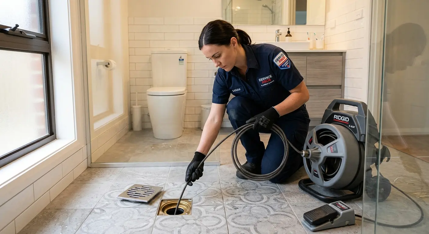 Technician clearing a bathroom floor drain for Hydro Jetting in Boston
